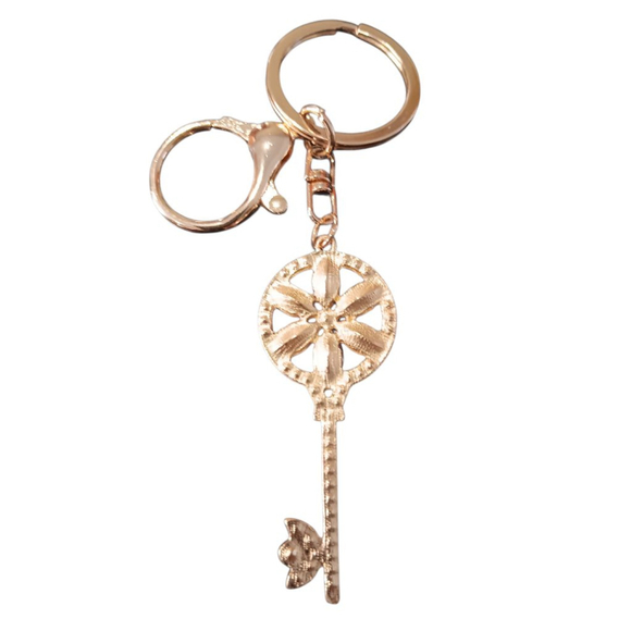 Floral Rhinestone Skeleton Key Keychain Purse Charm with Pink Flower - Picture 8 of 9